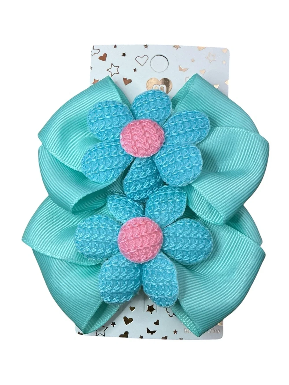 Turquoise Flower Bow Hair Clips with Pink Center - Kids Accessories
